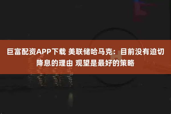 巨富配资APP下载 美联储哈马克：目前没有迫切降息的理由 观望是最好的策略